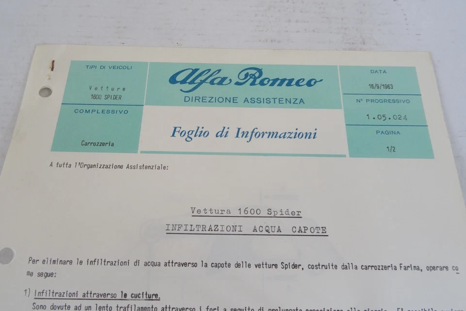 Alfa Romeo 1600 Spider infiltrazione acqua capote - Immagine 2 di 4