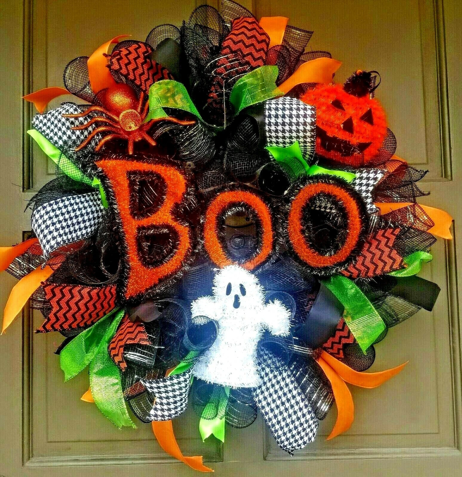 Halloween Wreath Front Door Decoration Large 24" BOO Handmade Black Deco Mesh