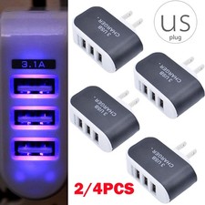 2/4Pc Multi 3-Port USB Home Wall Charger Plug Glowing Light 3.1A US standard USA