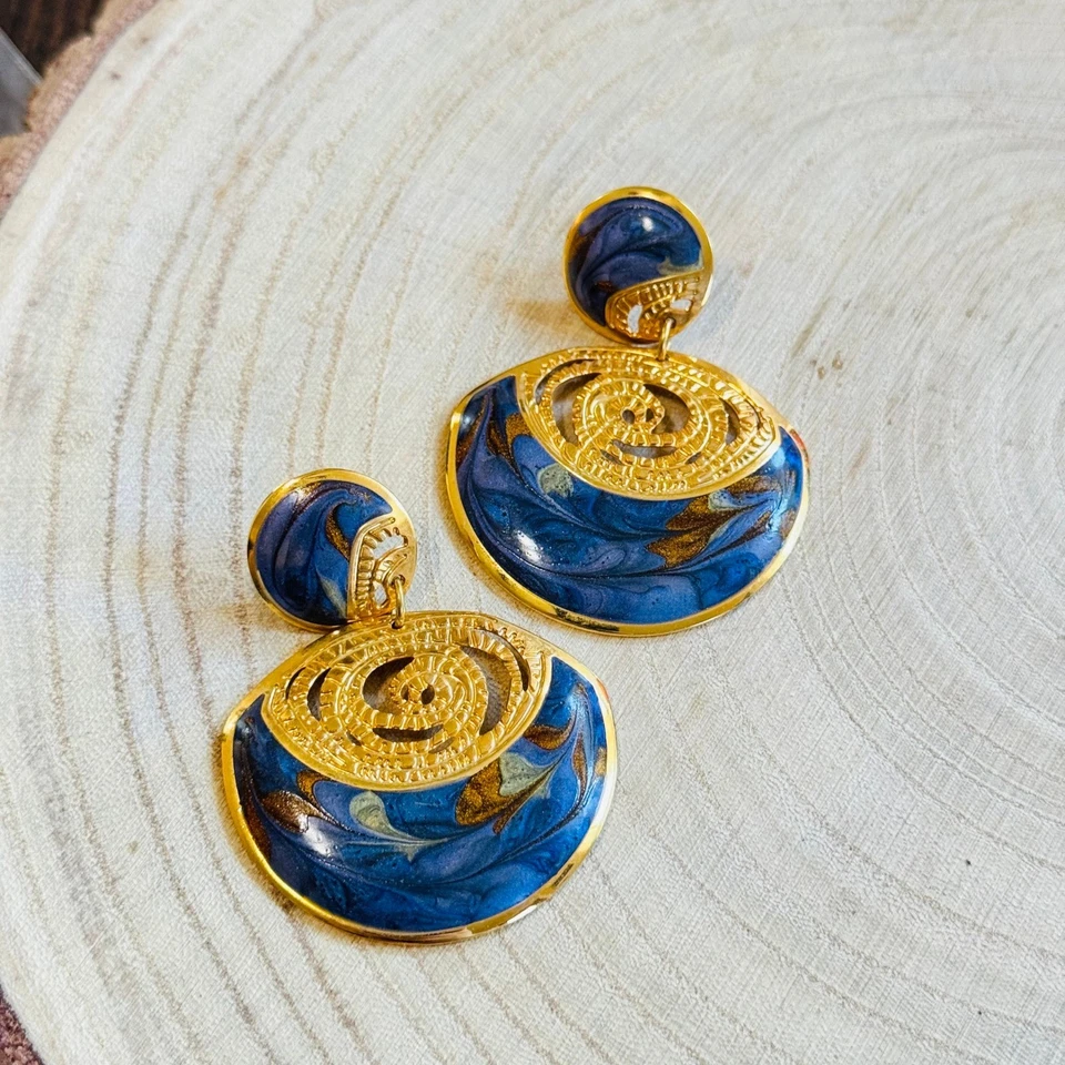 VTG Edgar Berebi dangle earrings enamel chunky pierced designer blue gold 90s - Image 4 of 4