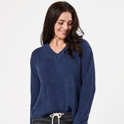 S Pact Organic Cotton Blue Navy V Neck Sweater Small Thick Ribbed Boxy