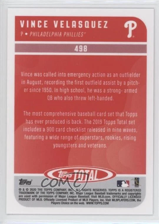 2020 Topps Total Black /5 Vince Velasquez #498 - Image 2 of 2
