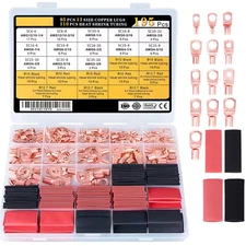 195pc Copper Wire Lugs AWG 2-12 Ring Terminals Kit with Heat Shrink Tubing