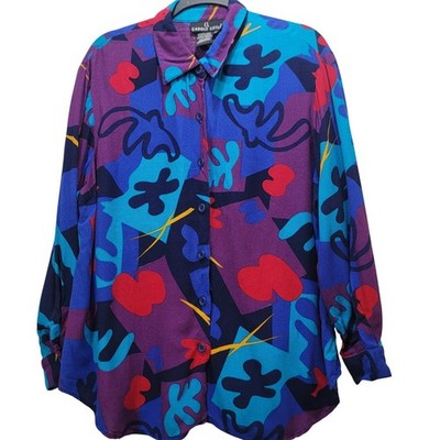 Vintage Carole Little Abstract Matisse Rayon Button Down Blouse size 16 Vibrant