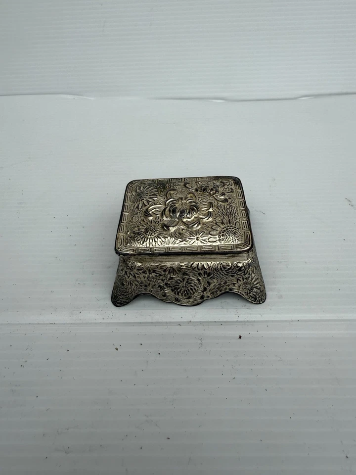 Silver Metal Rectangle Ink Well Floral Flowers Embossed Lift Off Lid Vintage - image 4 of 4