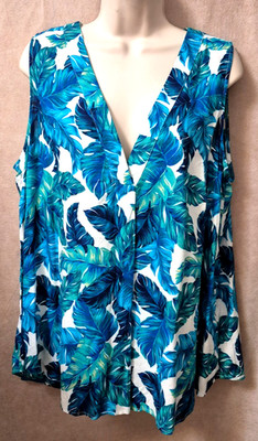 H&M Women's V-Neck Sleeveless Blouse-Natural White/Bluegreen Leaves-Size 18-NWOT