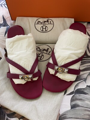 Hermes Women's Flipflop Slippers Sandals Flat Leather Pink Size 38