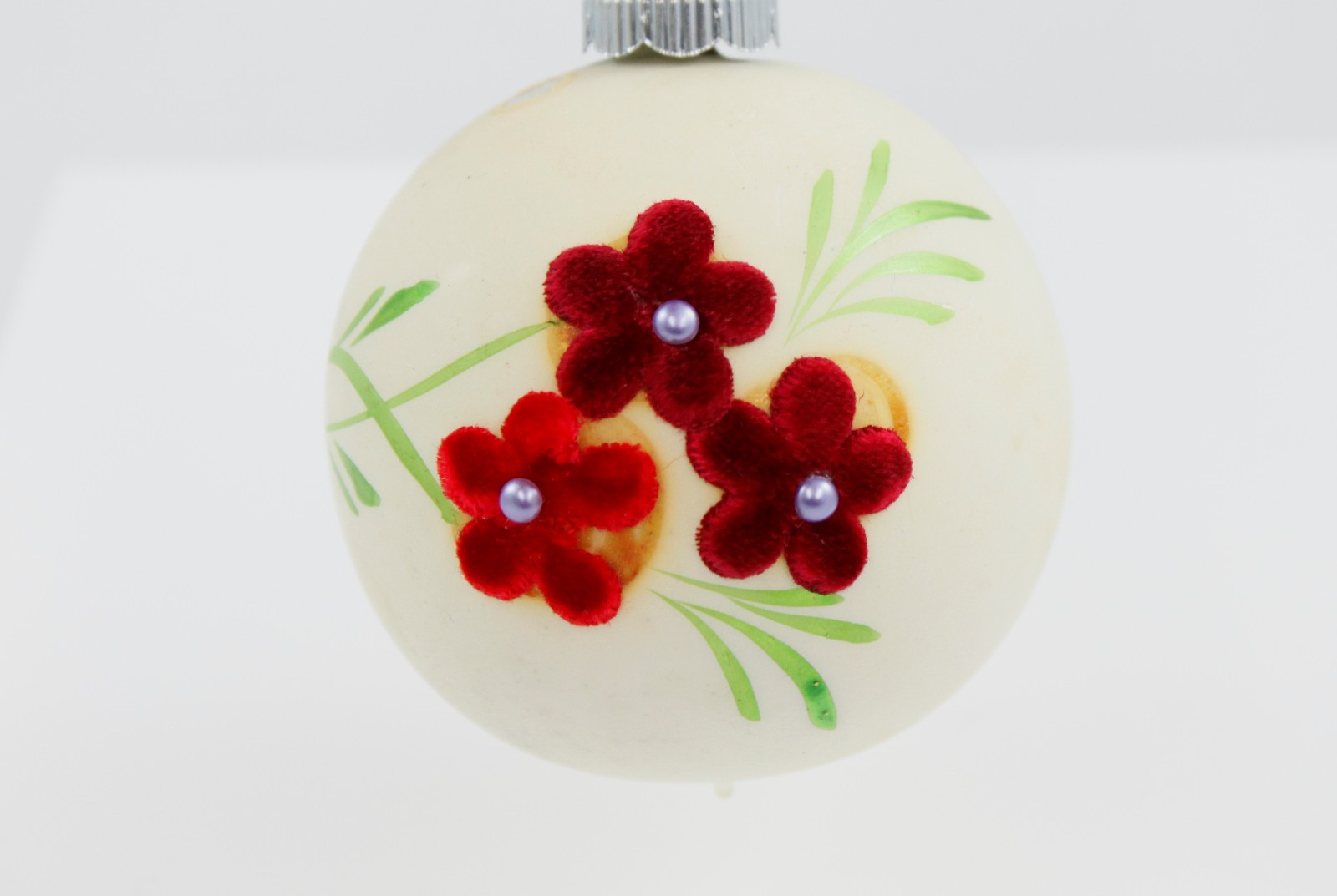 Vintage White Glass Handcrafted Velvet Flower Christmas Tree Ornament