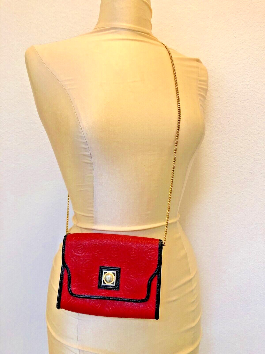 UNGARO PARIS RED EMBOSED ROSES LEATHER HANDBAG GOLD CHAIN ULTRA