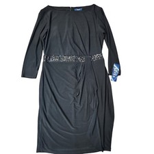 Chaps Womens Black Slinky Rushed Waist Faux Wrap 3/4 Sleeve Holiday Dress L