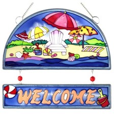 Welcome Sign Beach Design Art Glass Sun-Catcher 10"