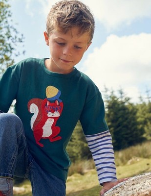 NWT Mini Boden Logo Mock Sleeve T-Shirt Squirrel Striped Long Sleeve Size 5-6Y