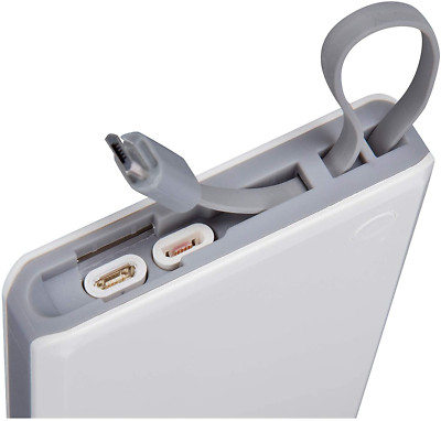 Rosewill White 10000 mAh Power Bank Super Slim Built-in Cables (USB-C microUSB)