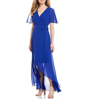 Jessica Howard Blue V-Neck Flutter Sleeve Faux Wrap Chiffon Dress, Size 