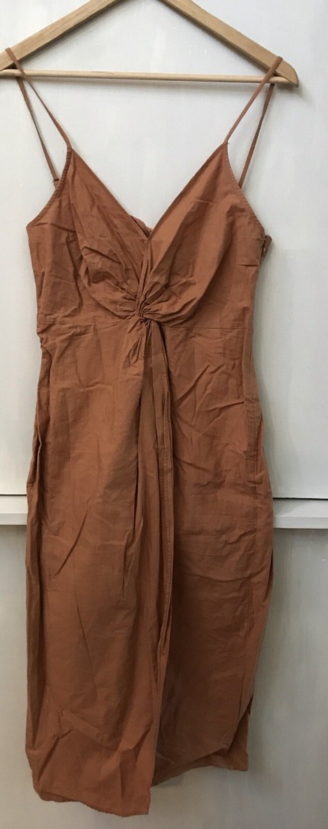 Urban Outfitters Knot Front Midi Dress Tie Back Spaghetti Strap Brown Size S