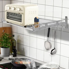Wall Mount Microwave Oven Shelf Kitchen Item Storage Bracket W/12Hooks Stainless