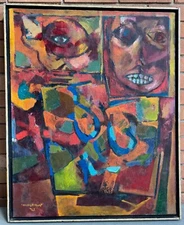 Vintage MCM Abstract Faces Painting Mid Century Modern Art Signed Hunt 60s