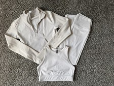 PLT Tan/Nude 3-Piece Athleisure Set Leggings Sports Bra Mock Neck Half Zip