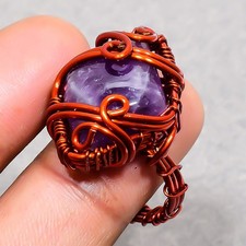 African Amethyst Gemstone Handmade Wire Wrap Copper Jewelry Ring 6.5" PG 788