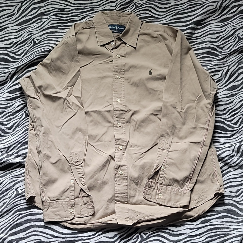 Ralph Lauren Men’s L Button-Up Long Sleeve Classic Fit Beige Solid Cotton