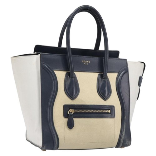 CELINE Luggage Micro shopper Hand Bag Leather White Gold Tone Auth 198867A