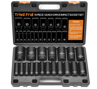 19Pc 1/2'' Drive SAE Impact Socket Set Deep 3/8''-1-1/2'' Cr-V