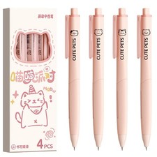 4 Pcs Cute Cat Pens Silent Retractable Kawaii Pink Kitty Gel Pens Set