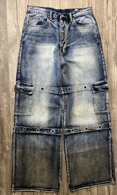MNML Baggy Wide Leg Faded/Rust Button Fly Blue Jeans Grommets/Eyelets Size 33x35