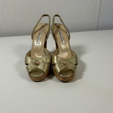 Oscar de la Renta Gold Metallic Cork Platform Slingback Heels Sandals Size 35.5