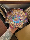 Bright Fenton Carnival Glass Amethyst Peacock & Urn Ruffled Bowl WOW!!!