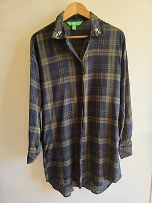 Women's NWT Dip Green Plaid Tunic Rustic Long Sleeve Button-Up Beaded Top Size M