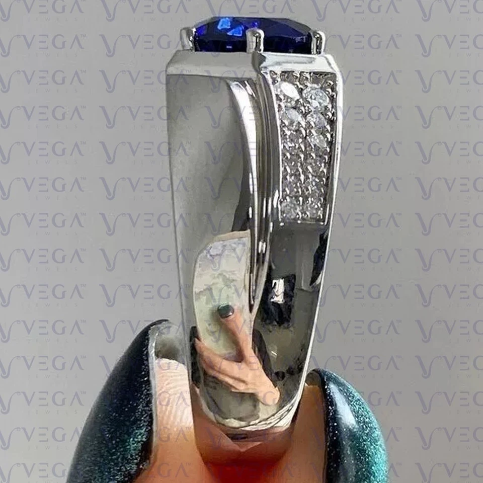 Anillo para hombre enchapado en platino 950PT de zafiro natural de corte redondo con diamantes de 4,50 quilates Foto 2 de 4