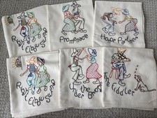 VTG Set Kitchen Dish Tea Towels Farmer Dance Moves Hand Embroidered Promenade