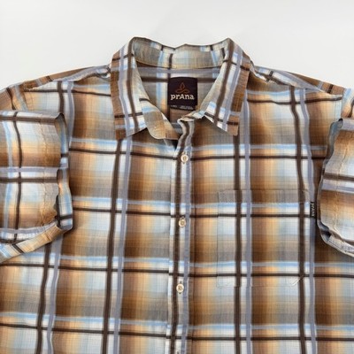 Prana Breathe Plaid Short Sleeve Button Down Shirt Large Brown Blue Hiking Mens
