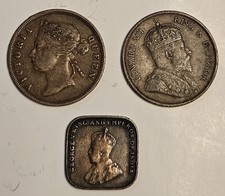 3 x 1 Cent Coins, Straits Settlements, Victoria 1877, Edward VII 1904 & George V
