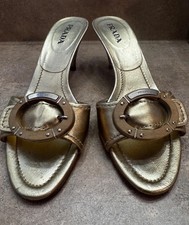 Vintage Y2K Prada Metallic Gold Leather Buckle Mule Heels 38.5 Italy