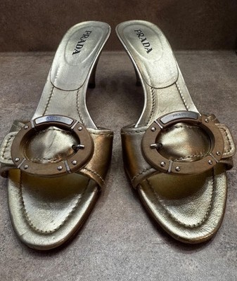 Vintage Y2K Prada Metallic Gold Leather Buckle Mule Heels 38.5 Italy