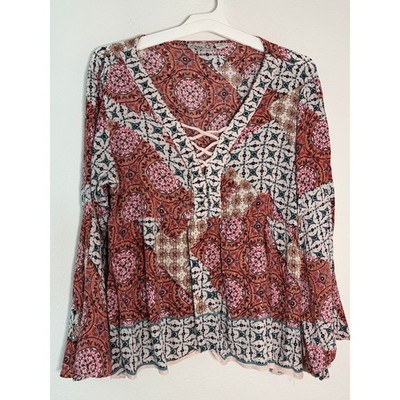 Emma G Boho Medallion Patchwork Lace Up Bell Sleeve Peasant Blouse Rust Pink L