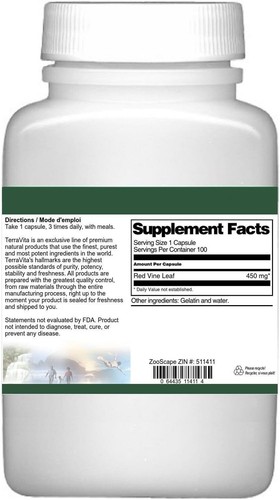 Red Vine Leaf Extract 450 mg - 100 Count Capsules for Cardiovascular Support - Picture 6 of 10