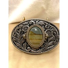 Vintage Silver Belt Buckle with Blue/Brown Natural Stone. Floral/Leaf Design