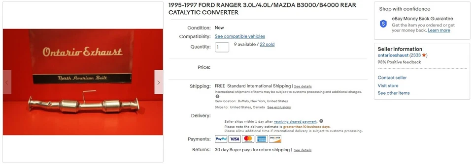 1995-1997 FORD RANGER 3.0L/4.0L/MAZDA B3000/B4000 REAR CATALYTIC CONVERTER - Image 2 of 3