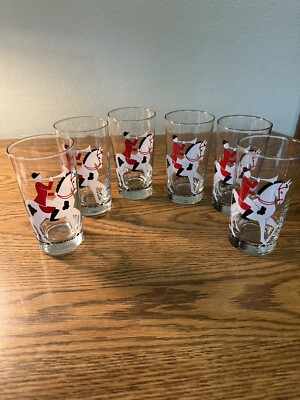 set of 6 ~Vintage Libbey 12 oz. Drinking Glasses Tumbler TALLY HO Fox Hunt Dogs