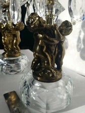 VINTAGE BRASS CANDLES STICKS HOLDERS WITH CRYSTAL DECORATIONS WITH BRASS CUPIDS