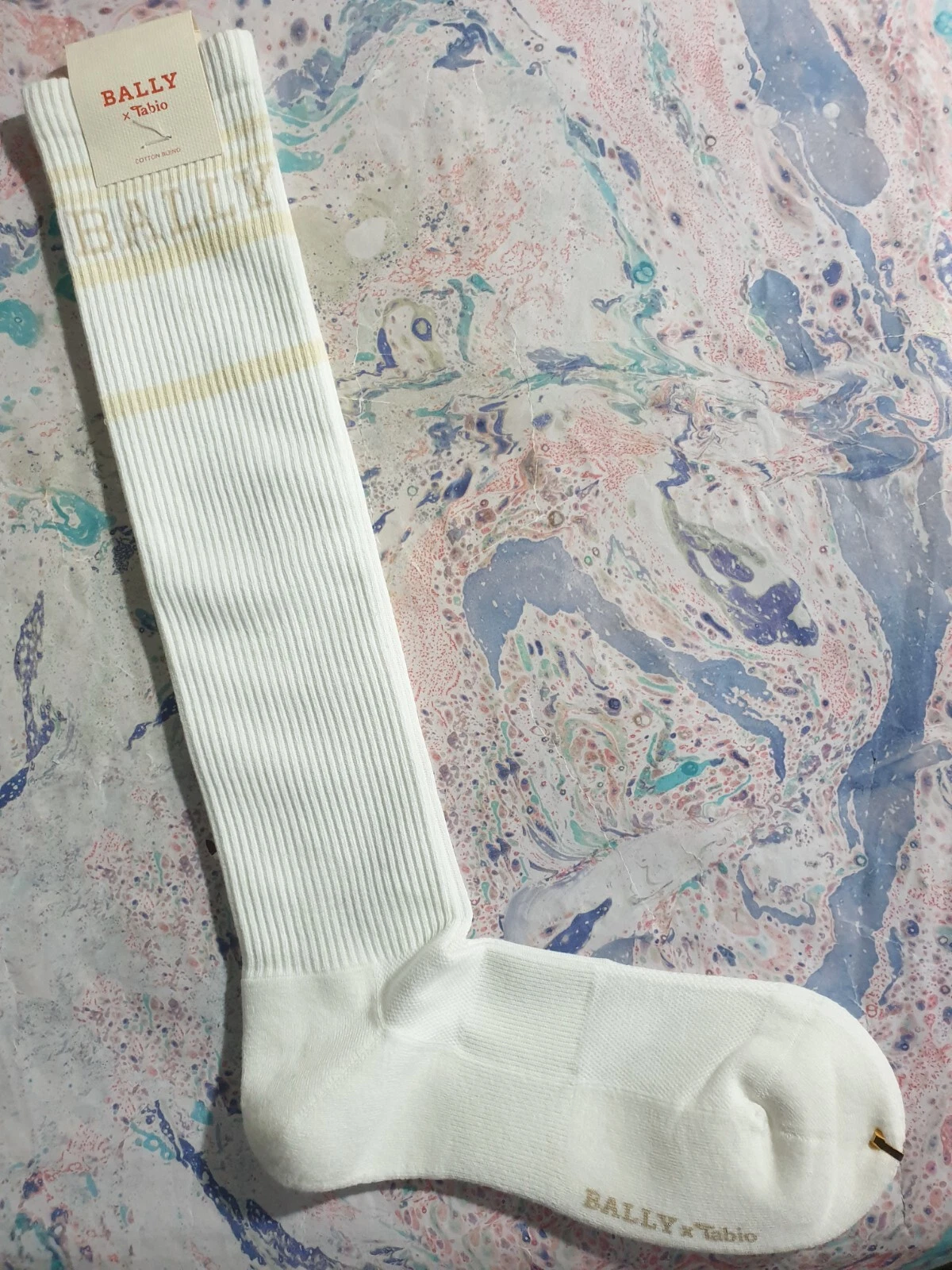 Tabio Japan X Bally Mens Long Ribbed Socks Multi White Cream UK 9-12 EUR 43 - 47