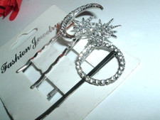 4 Sun Moon and Stars White Rhinestone Silver Bobby Pins NWT