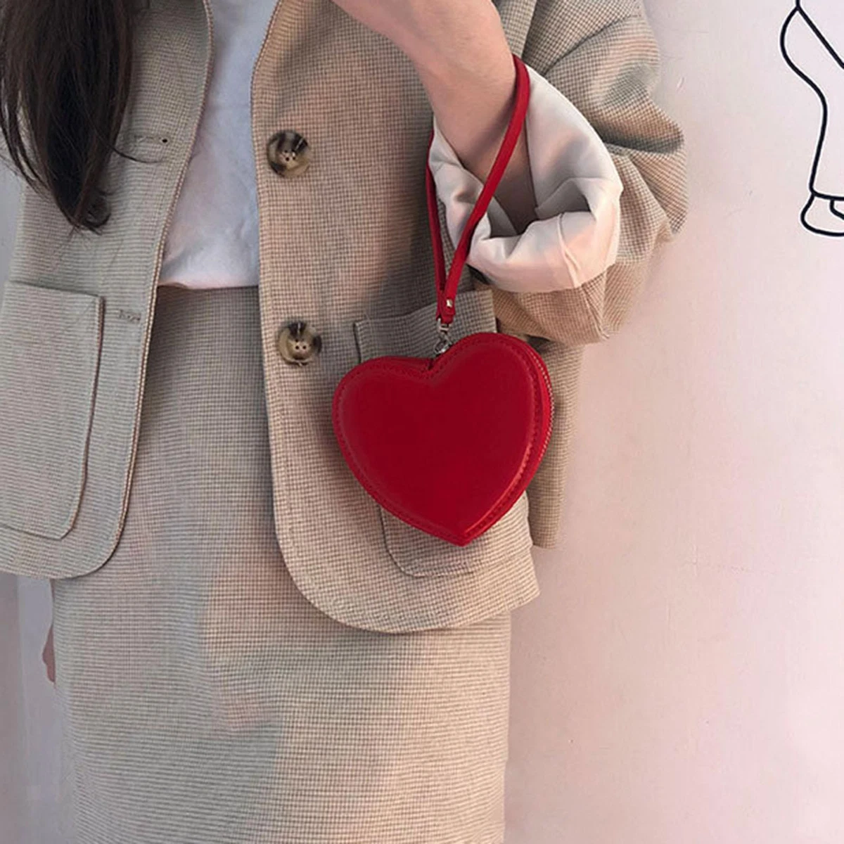 Cute Small Heart Shaped Purse with Hand Strap PU Leather Clutch