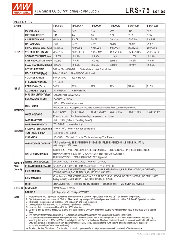 Alimentatore Mean Well LRS-75-15 volt Led 75watt 230v Power Supply Trasformatore - Immagine 3 di 4