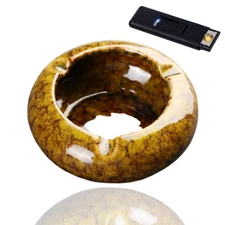 Ashtray for Cigarettes Glossy Ceramic Round + Flameless Lighter! for in/outdoor.