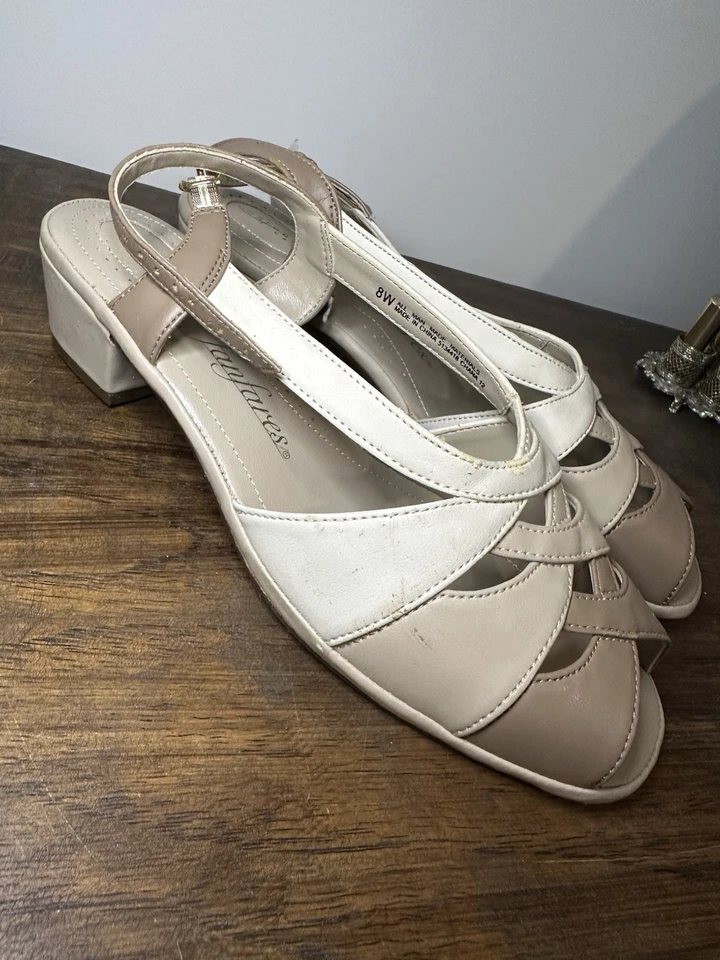 Sz 8 Vintage Fanfares Beige Open Toe Dress Heel Shoes - Image 3 of 4