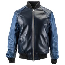 Men’s Black Blue Sheepskin Leather Bomber Jacket Rib Knit Baseball Collar Zip Up